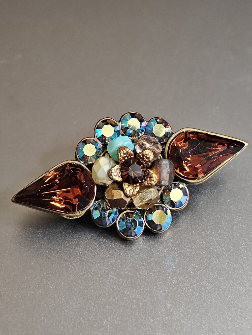 Sparkly Signed Michal Negrin Brooch Victorian Revival Antique Brass Crystals